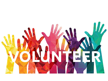 rainbow coloured illustrated hands, with volunteer text