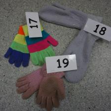 #17 bold stripe multicoloured finger gloves, #18 light grey mittens, #19, small pink gloves