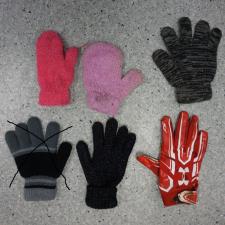Single finger gloves black/grey, sparkly black, coral pink mitten, pink mitten, red underarmour finger glove