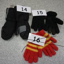 #14 Black winter mitts, #15 black fuzzy finger gloves