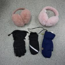 Winter gloves - Black finger glove, black mitt with grey stripe, blue glove. Coral fuzzy ear muffs, pink fuzzy ear muffs