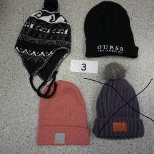 #3 Toques - Black Guess, Pink Bench, Black, grey, white patterned with earflaps